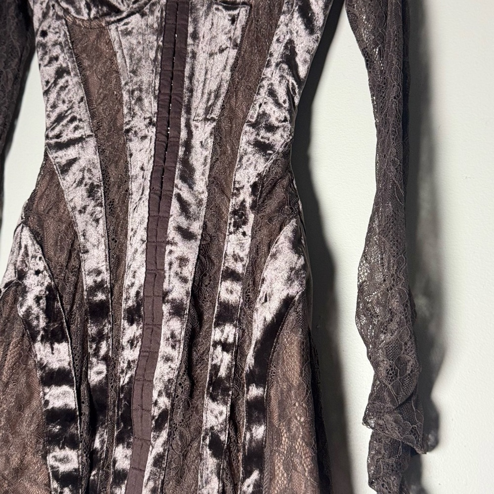 House of CB Taupe Velvet & Lace Long Sleeve Corset Dress - Picture 3 of 7
